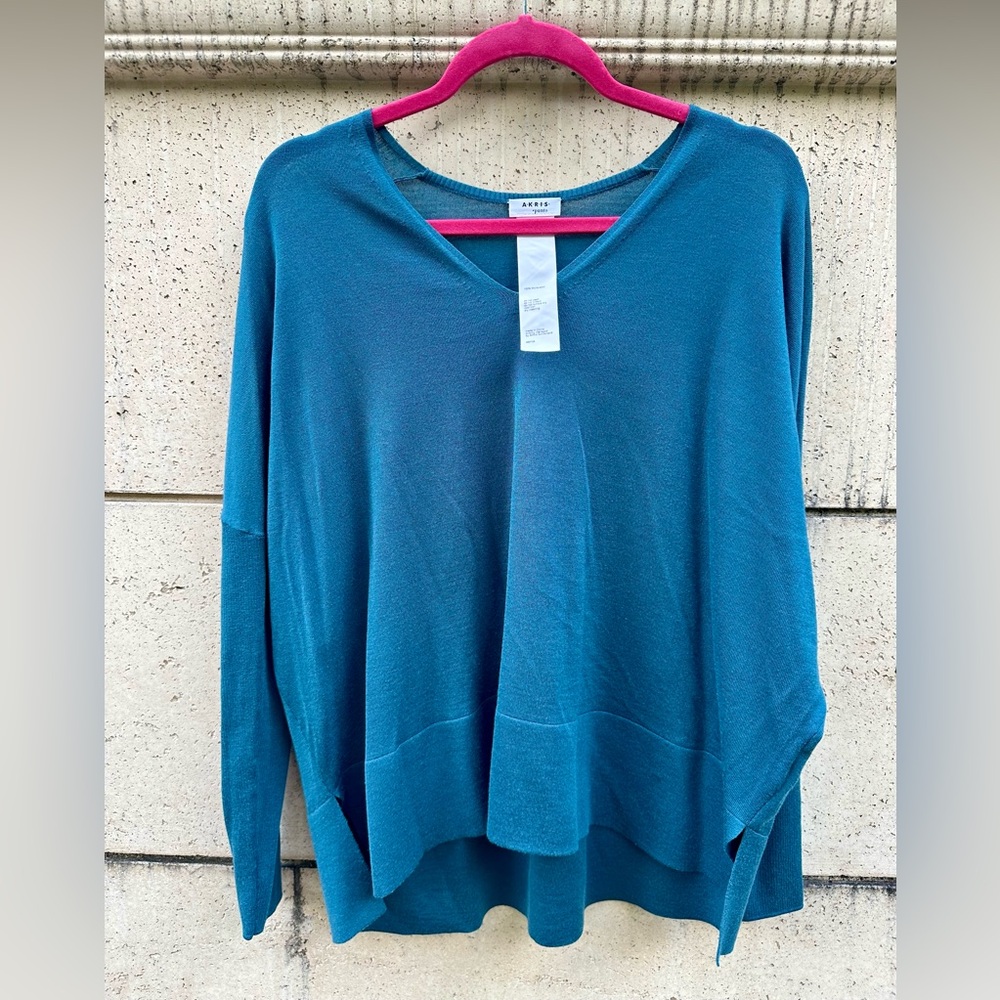 AKRIS Punto ✨ Teal V-Neck Sweater ✨ 100% Wool ✨ Size 10